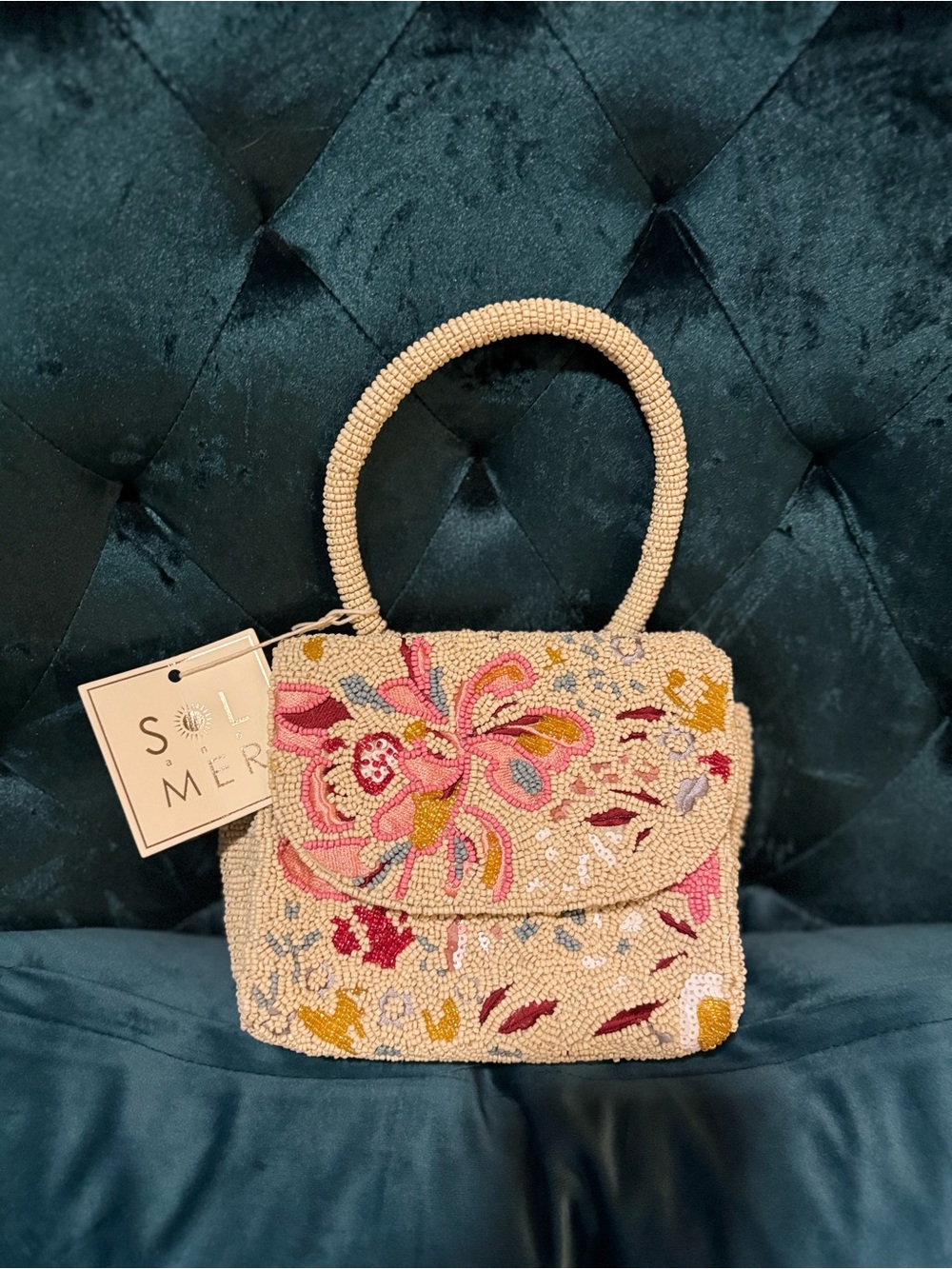 NWT Sol & Mer Beaded Floral Top Handle Bag Jacobean Pink Burgundy